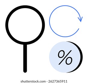 Magnifying glass, blue refresh arrow, and percentage symbol connected by bold lines. Ideal for business analytics, data review, process optimization, economic reports, technology upgrades, monitoring