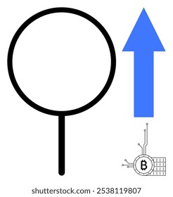 Magnifying glass, blue upward arrow, and Bitcoin symbol. Ideal for cryptocurrency, growth, analysis, investment, financial trends. Emphasizes searching and increasing value in digital currency