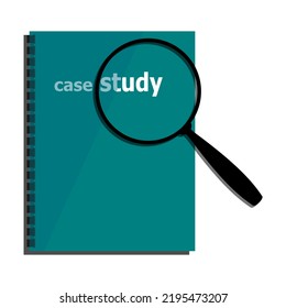 Magnifying glass with book. Case Study Concept. A magnifying glass lying on a book isolated on a white background is suitable for illustration of images related to methods, education, seminars, webina