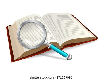 Magnifying glass and book isolated on white