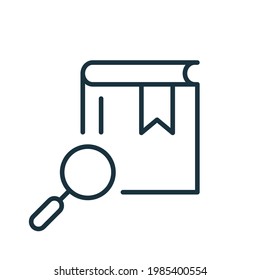 Magnifying Glass with Book Line Icon. Search Books concept. Bookstore Linear Icon. Search Button for Web Pages. Library and Bookstore symbol. Editable stroke. Vector illustration.