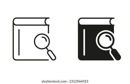 Magnifying Glass with Book Line and Silhouette Icon Set. Search Books Black Sign. Bookstore Icons. Search Button for Web Pages. Library and Bookstore Symbol Collection. Isolated Vector illustration.