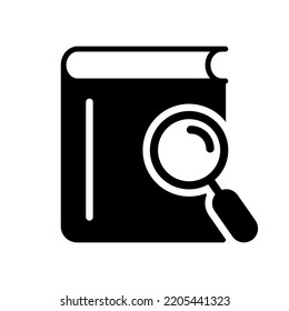 Magnifying Glass With Book Silhouette Icon. Search Books Concept. Bookstore Black Icon. Search Button For Web Pages. Library And Bookstore Symbol. Vector Isolated Illustration.