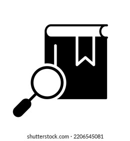 Magnifying Glass With Book Silhouette Icon. Search Books Concept. Bookstore Black Icon. Search Button For Web Pages. Library And Bookstore Symbol. Vector Isolated Illustration.