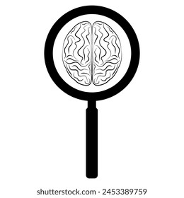 Lupa con cerebro.  Lluvia de ideas, creatividad y pensamiento Idea Concepto. Ilustración vectorial. 