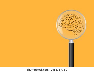 Lupa con cerebro.  Lluvia de ideas, creatividad y pensamiento Idea Concepto. Ilustración vectorial. 
