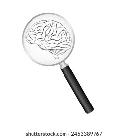 Lupa con cerebro.  Lluvia de ideas, creatividad y pensamiento Idea Concepto. Ilustración vectorial. 