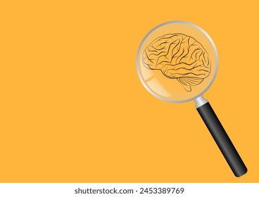 Magnifying Glass with Brain.  Brainstorm, Creativity and Thinking Idea Concept. Vector Illustration. 