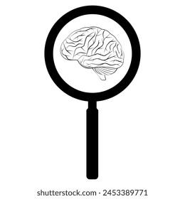 Magnifying Glass with Brain.  Brainstorm, Creativity and Thinking Idea Concept. Vector Illustration. 