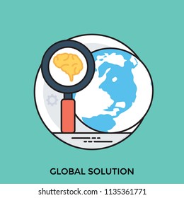 
A magnifying glass with brain having globe graphics behind sepicts global solution 
