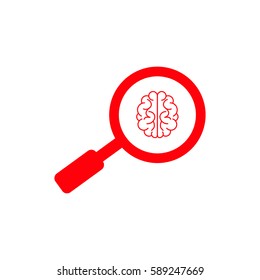 magnifying glass brain icon. Red icon