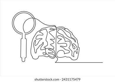 Vergrößerungsglas mit Gehirn eine durchgehende Linie Vektor-Illustration