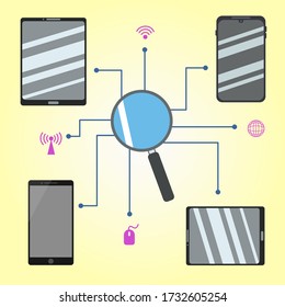 Magnifying glass branching out to connect smartphones and tablets vector. Mobile technology concept.