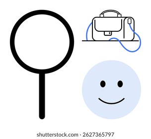 Magnifying glass and briefcase alongside a happy face convey themes of work, search, happiness, and productivity. Ideal for business, job search, career development, mental health, research