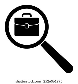 Magnifying glass with briefcase vector icon. Job search pictogram. Recruitment, job hunting symbol.