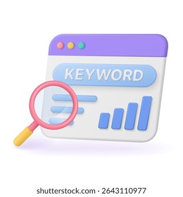 Magnifying glass and browser window with keyword and analytics bar chart represent digital marketing, SEO research, and online data analysis for business strategy vector illustration