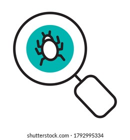 lupa con icono de fallo sobre fondo blanco, estilo de medio color de media línea, ilustración vectorial