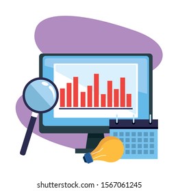 magnifying glass and bulb light and computer with graphic charts over purple and white background, colorful design , vector illustration