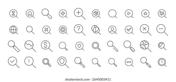 Magnifying Glass Bundle of Related Line Icons. Outline Signs for Graphic and Web Design, Apps, Adverts, Various Cards 