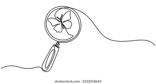 magnifying glass with butterfly one continuous line drawing, Continuous line drawing of magnifying glass. One line of magnifying glass. Magnifier continuous line art. Editable outline, Magnifying