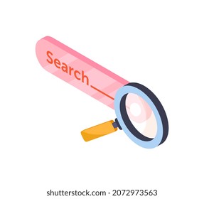 Vidrio y botón de aumento. Mectáfora de búsqueda, elementos gráficos para sitio web, iconos. Diseño de página. Educación, búsqueda de conocimiento, información, signo, símbolo. Ilustración vectorial isométrica de dibujos animados