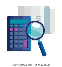magnifying glass with calculator math and voucher vector illustration design