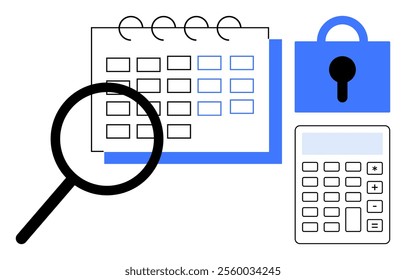 Magnifying glass calendar lock with keyhole and calculator with blue and black colours. Ideal for finance business planning security organization and scheduling. Simple and clean vector style
