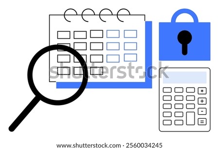 Magnifying glass calendar lock with keyhole and calculator with blue and black colours. Ideal for finance business planning security organization and scheduling. Simple and clean vector style