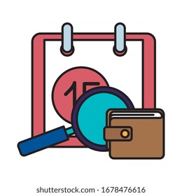 magnifying glass with calendar reminder and wallet vector illustration design