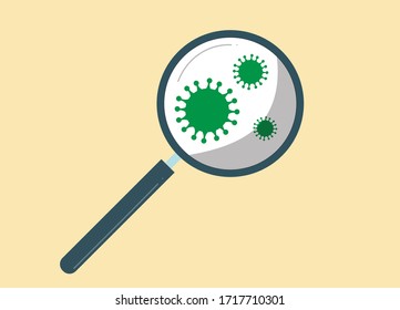 magnifying glass.  magnifying glass can see a tiny virus. seeing covid-19 through the magnifying glass.