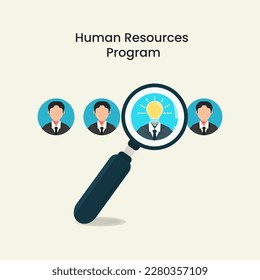 Magnifying glass and a candidate with potential ideas. Human resources hiring program vector illustration