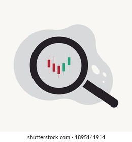 Magnifying glass and candle chart icon vecor illustration. Bullish and Bearish concept