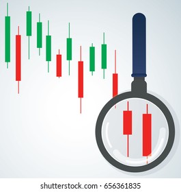 the magnifying glass and candlestick chart stock market background vector illustration 