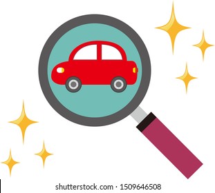 Magnifying glass. Car illustration. 
Car assessment .