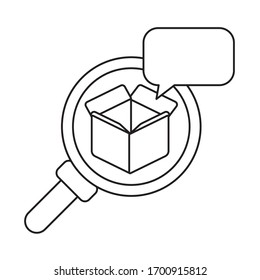 magnifying glass with cardboard box open , line style icon vector illustration design