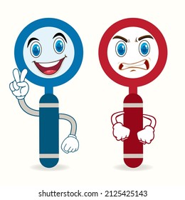 Magnifying glass cartoon character icon. happy and angry cartoon character vector. set of magnifying glass cartoon character vector illustration.
