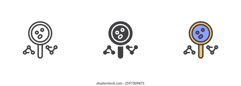Magnifying glass with cells or particles different style icon set. Line, glyph and filled outline colorful version, outline and filled vector sign. Scientific research symbol, logo illustration