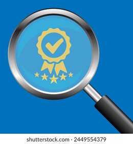 Magnifying glass and Certificate guarantee icon, International Organization for Standardization ISO and quality control certification.