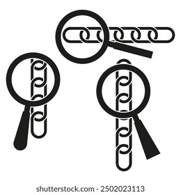 Magnifying glass and chain icons. Link inspection symbols. Black and white. Vector illustration.