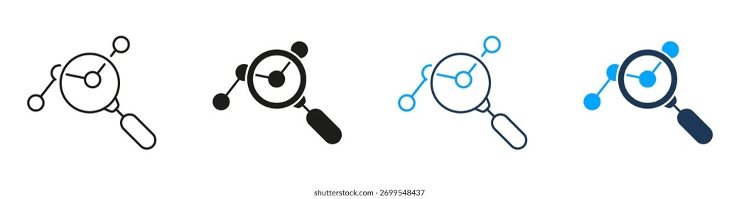 Magnifying Glass With Chart Analysis Line and Solid Icon Set. Business Research Data Statistics Symbol Collection. Isolated Vector Illustration.