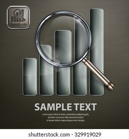 Magnifying glass and chart, analyzing graphic on black, vector illustration
