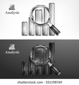 Magnifying glass and chart, analyzing graphic on black & white, vector illustration