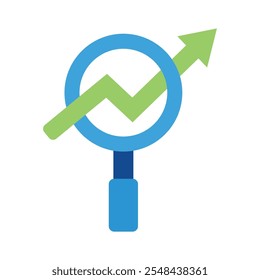 Magnifying glass and chart arrow icons, minimalist vector illustration and transparent graphic element. Isolated on white background