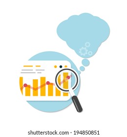 Magnifying glass and chart with bubble on white background. Business concept of analyzing in flat design