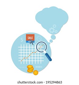 Magnifying glass and chart. Business concept of sale and analyzing