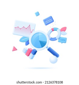 Magnifying glass, charts, diagrams and graphs. Concept of statistical research, economical study, data analysis, business analytics. Modern colorful vector illustration in 3d style for banner, poster.