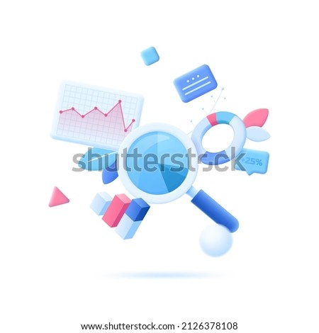 Magnifying glass, charts, diagrams and graphs. Concept of statistical research, economical study, data analysis, business analytics. Modern colorful vector illustration in 3d style for banner, poster.