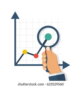 Gráficos de lupa. Lupa na mão de um homem de negócios. Demonstrações financeiras. Estudo de gráficos e diagramas. Design plano de ilustração vetorial. Isolado em fundo branco. Conceito de relatório de pesquisa.