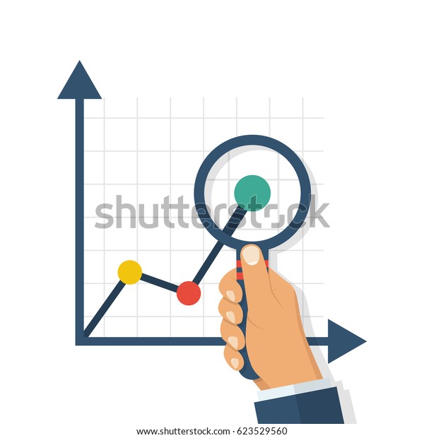 虫めがねグラス図 ビジネスマンの手に持つ拡大鏡 財務諸表 グラフと図の研究 ベクターイラストフラットデザイン 白い背景に 調査レポートのコンセプト のベクター画像素材 ロイヤリティフリー