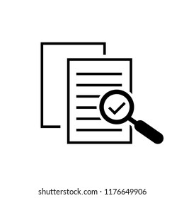 Magnifying glass check document. Papers with business report and magnifying glass. Process and examination concept icon vector
